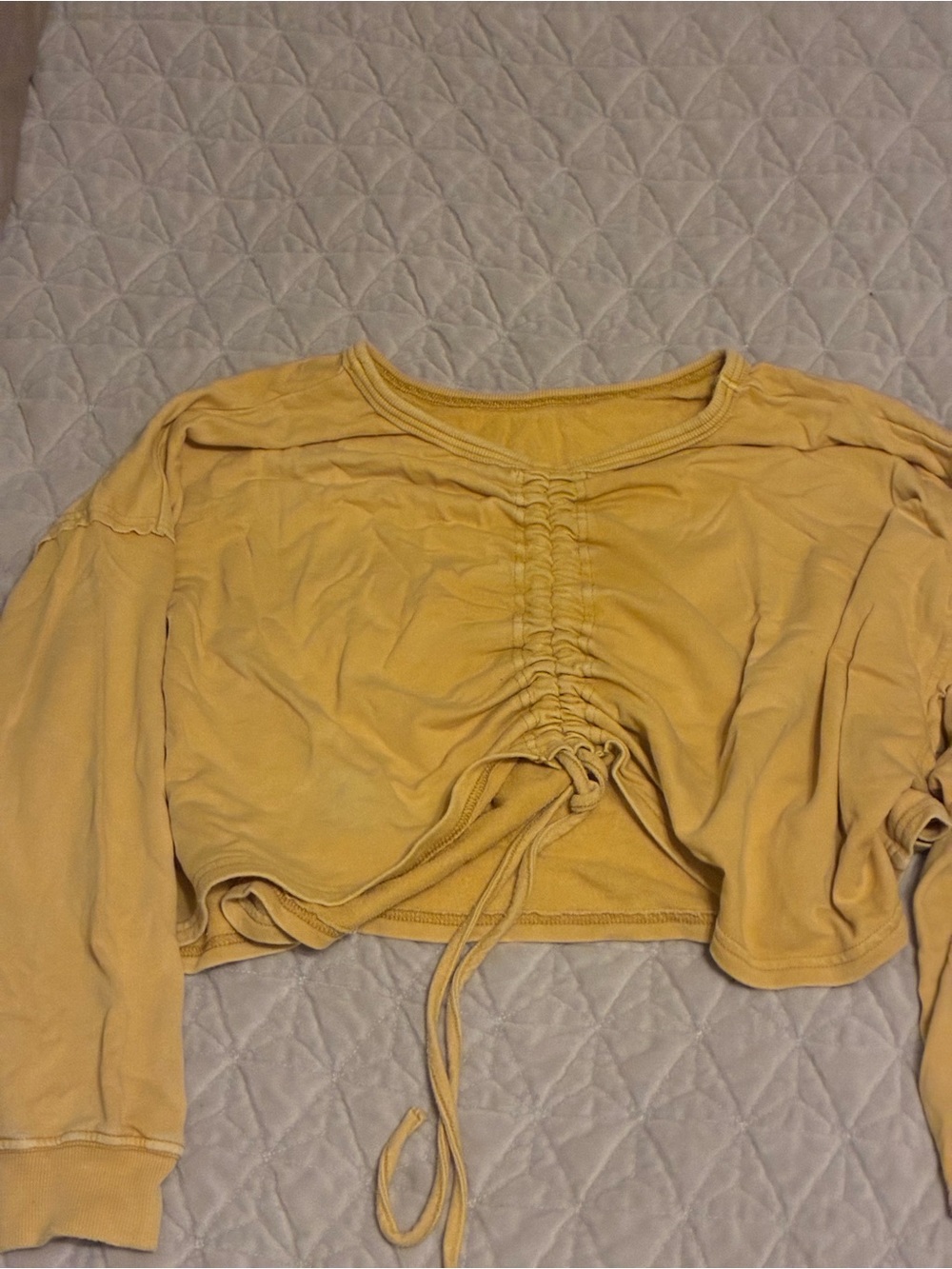 Mustard Seed Yellow Ruched Drawstring Long-Sleeve Crop Top